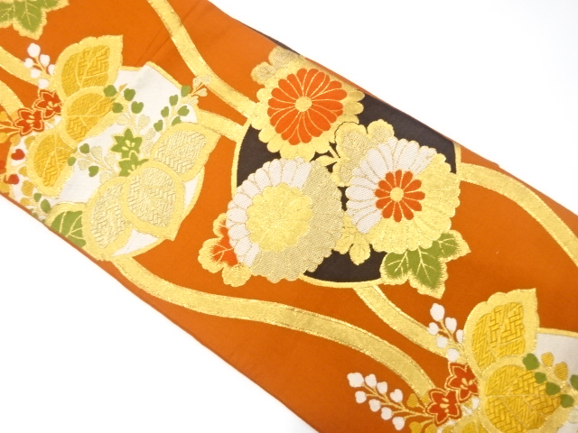 JAPANESE KIMONO / ANTIQUE FUKURO OBI / SILK / WOVEN KIKU